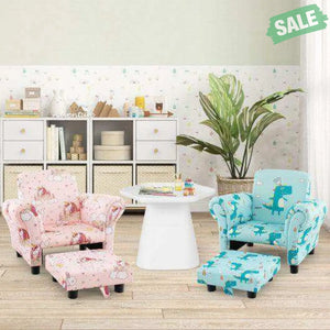 Kids Single Sofa with Cute Patterns Ergonomic Backrest and Armrests-Blue Kids Chairs & Seating