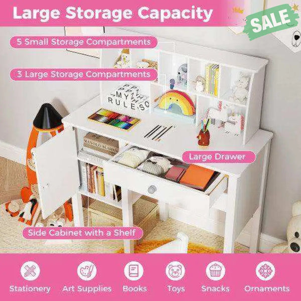 Kids Study Desk and Chair Set with Chair Hutch and Storage Cabinet for 3+ Years Old-Pink Pink Kids Vanities