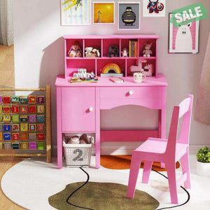 Kids Study Desk and Chair Set with Chair Hutch and Storage Cabinet for 3+ Years Old-Pink Pink Kids Vanities
