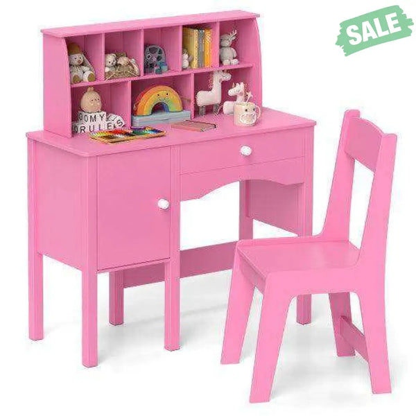 Kids Study Desk and Chair Set with Chair Hutch and Storage Cabinet for 3+ Years Old-Pink Pink Kids Vanities