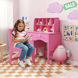 Kids Study Desk and Chair Set with Chair Hutch and Storage Cabinet for 3+ Years Old-Pink Pink Kids Vanities