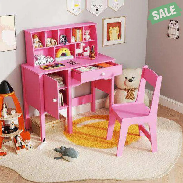 Kids Study Desk and Chair Set with Chair Hutch and Storage Cabinet for 3+ Years Old-Pink Pink Kids Vanities