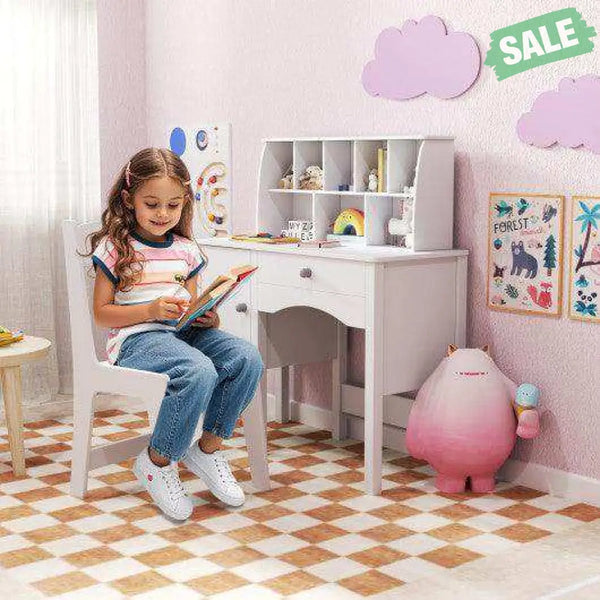 Kids Study Desk and Chair Set with Chair Hutch and Storage Cabinet for 3+ Years Old-Pink Pink Kids Vanities