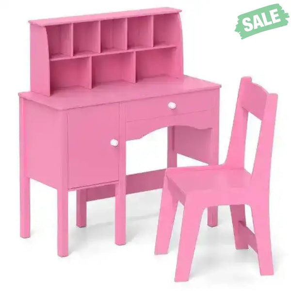 Kids Study Desk and Chair Set with Chair Hutch and Storage Cabinet for 3+ Years Old-Pink Pink Kids Vanities