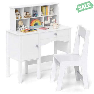 Kids Study Desk and Chair Set with Chair Hutch and Storage Cabinet for 3+ Years Old-White