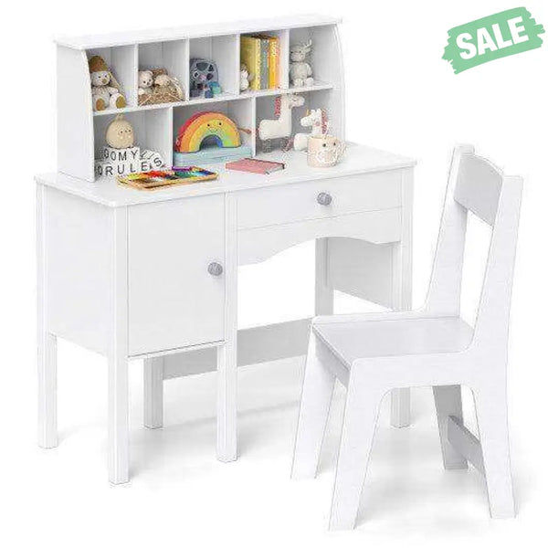 Kids Study Desk and Chair Set with Chair Hutch and Storage Cabinet for 3+ Years Old-White