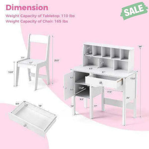 Kids Study Desk and Chair Set with Chair Hutch and Storage Cabinet for 3+ Years Old-White