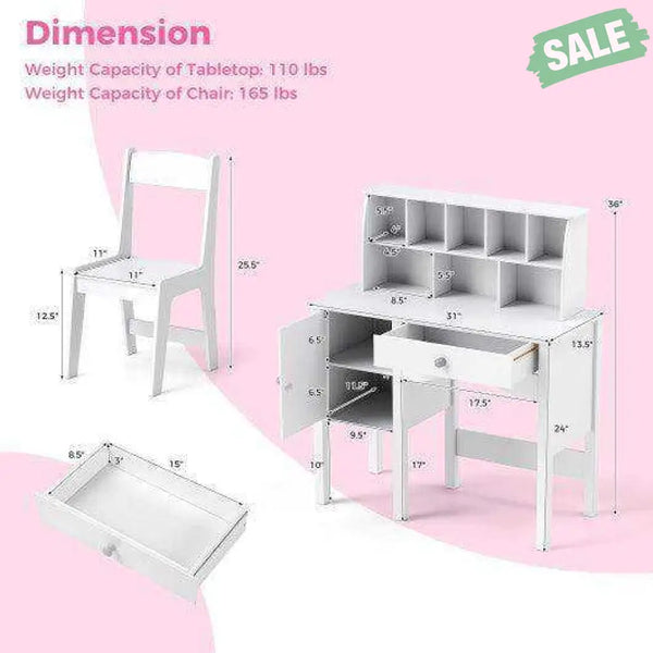 Kids Study Desk and Chair Set with Chair Hutch and Storage Cabinet for 3+ Years Old-White