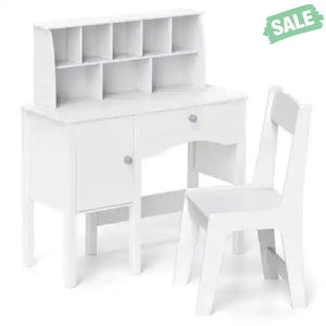 Kids Study Desk and Chair Set with Chair Hutch and Storage Cabinet for 3+ Years Old-White