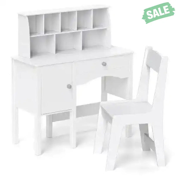 Kids Study Desk and Chair Set with Chair Hutch and Storage Cabinet for 3+ Years Old-White