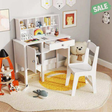 Kids Study Desk and Chair Set with Chair Hutch and Storage Cabinet for 3+ Years Old-White