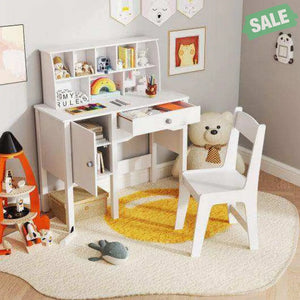 Kids Study Desk and Chair Set with Chair Hutch and Storage Cabinet for 3+ Years Old-White