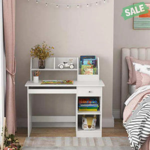 Kids Study Desk Children Writing Table with Hutch Drawer Shelves and Keyboard Tray-White White Kids Table & Chair Sets