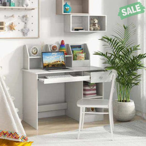 Kids Study Desk Children Writing Table with Hutch Drawer Shelves and Keyboard Tray-White White Kids Table & Chair Sets