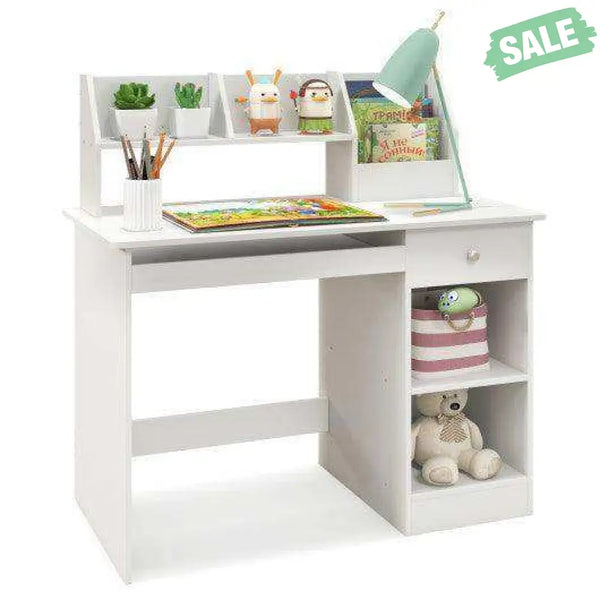 Kids Study Desk Children Writing Table with Hutch Drawer Shelves and Keyboard Tray-White White Kids Table & Chair Sets