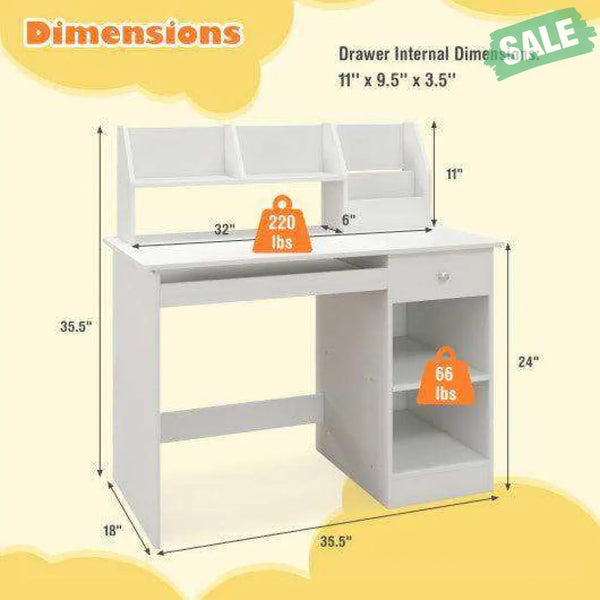 Kids Study Desk Children Writing Table with Hutch Drawer Shelves and Keyboard Tray-White White Kids Table & Chair Sets