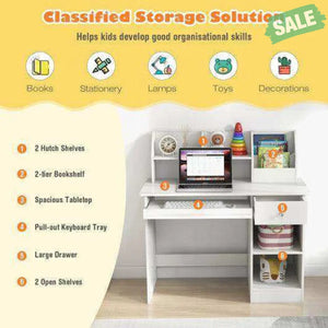 Kids Study Desk Children Writing Table with Hutch Drawer Shelves and Keyboard Tray-White White Kids Table & Chair Sets
