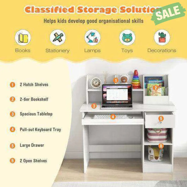 Kids Study Desk Children Writing Table with Hutch Drawer Shelves and Keyboard Tray-White White Kids Table & Chair Sets