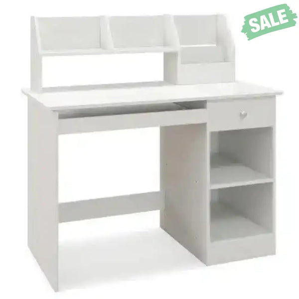 Kids Study Desk Children Writing Table with Hutch Drawer Shelves and Keyboard Tray-White White Kids Table & Chair Sets