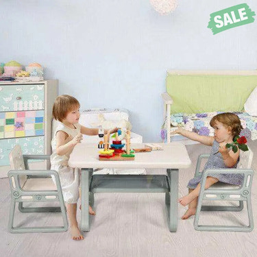 Kids Table and 2 Chairs Set with Storage Shelf-White Kids Table & Chair Sets
