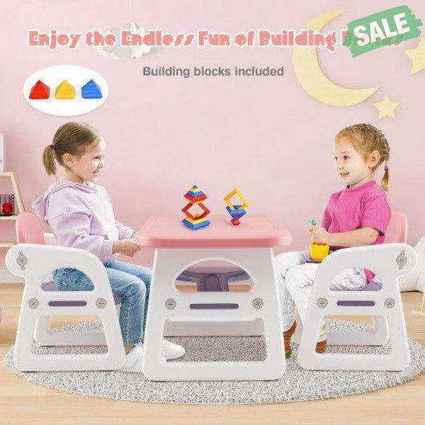 Kids Table and Chair Set with Building Blocks-Pink & Blue Pink & Blue Kids Table & Chair Sets