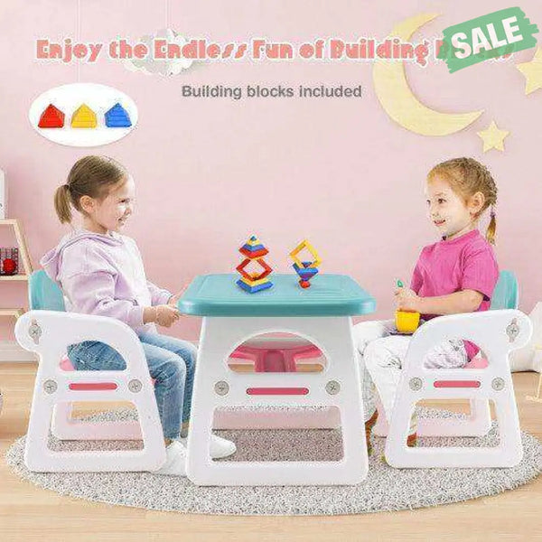 Kids Table and Chair Set with Building Blocks-Pink & Blue Pink & Blue Kids Table & Chair Sets