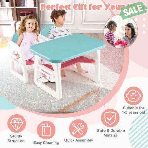 Kids Table and Chair Set with Building Blocks-Pink & Blue Pink & Blue Kids Table & Chair Sets