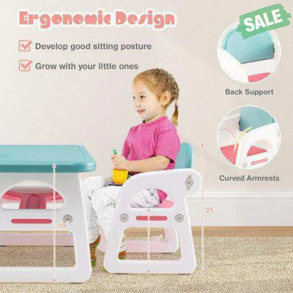 Kids Table and Chair Set with Building Blocks-Pink & Blue Pink & Blue Kids Table & Chair Sets
