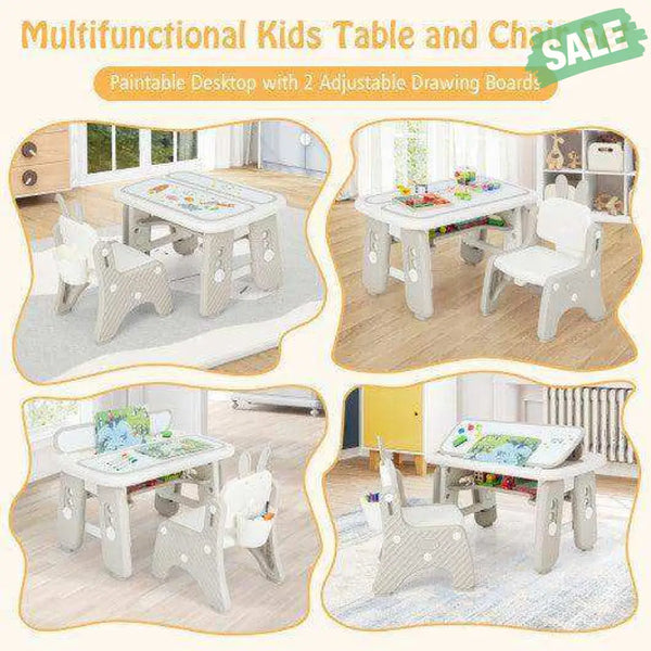 Kids Table and Chair Set with Flip-Top Bookshelf-Gray Kids Table & Chair Sets