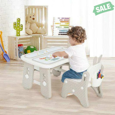 Kids Table and Chair Set with Flip-Top Bookshelf-Gray Kids Table & Chair Sets