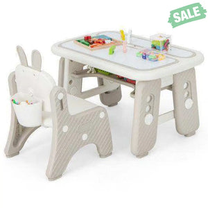 Kids Table and Chair Set with Flip-Top Bookshelf-Gray Kids Table & Chair Sets