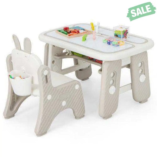 Kids Table and Chair Set with Flip-Top Bookshelf-Gray Kids Table & Chair Sets