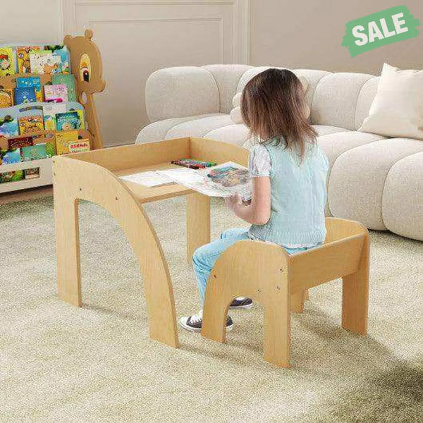 Kids Table and Chair Set with Wide Tabletop and Curved Edges for Kids Room-Natural Natural Kids Table & Chair Sets