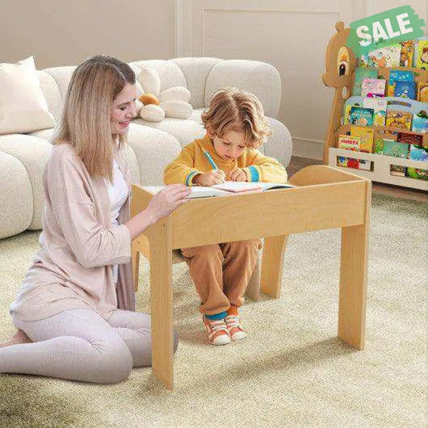 Kids Table and Chair Set with Wide Tabletop and Curved Edges for Kids Room-Natural Natural Kids Table & Chair Sets