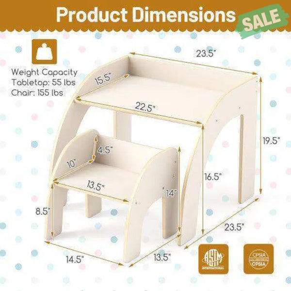 Kids Table and Chair Set with Wide Tabletop and Curved Edges for Kids Room-White