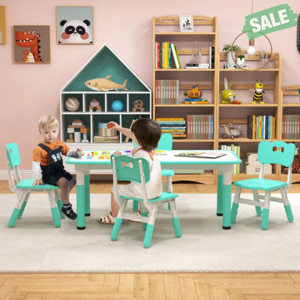 Kids Table and Chairs Set for 4 with Graffiti Desktop-Green Kids Table & Chair Sets