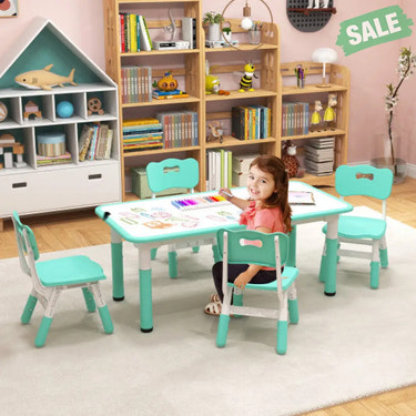 Kids Table and Chairs Set for 4 with Graffiti Desktop-Green Kids Table & Chair Sets