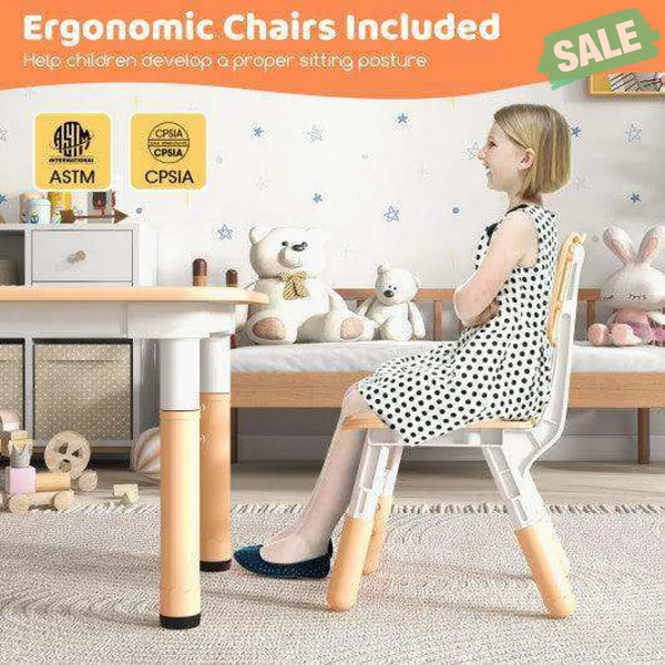 Kids Table and Chairs Set for 4 with Graffiti Desktop-Natural