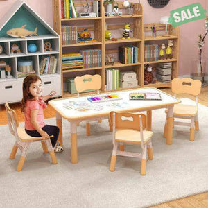 Kids Table and Chairs Set for 4 with Graffiti Desktop-Natural