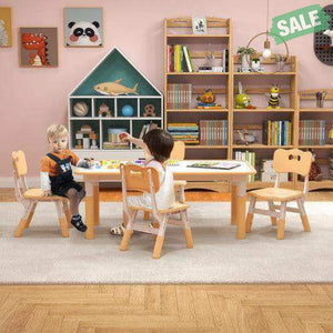 Kids Table and Chairs Set for 4 with Graffiti Desktop-Natural