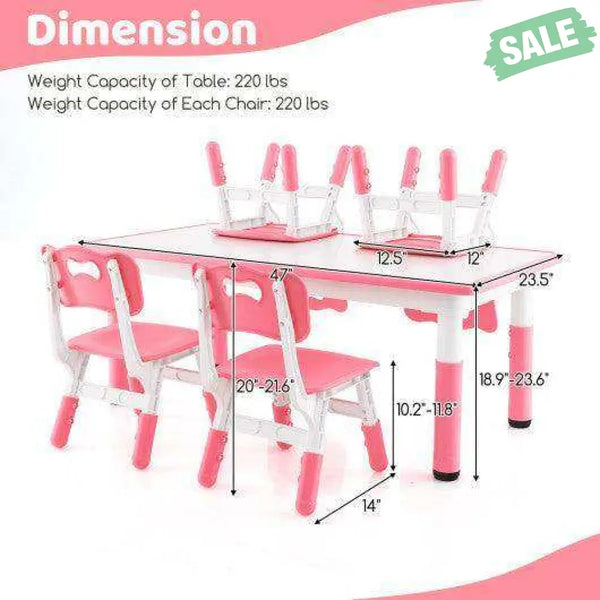 Kids Table and Chairs Set for 4 with Graffiti Desktop-Pink