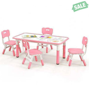 Kids Table and Chairs Set for 4 with Graffiti Desktop-Pink