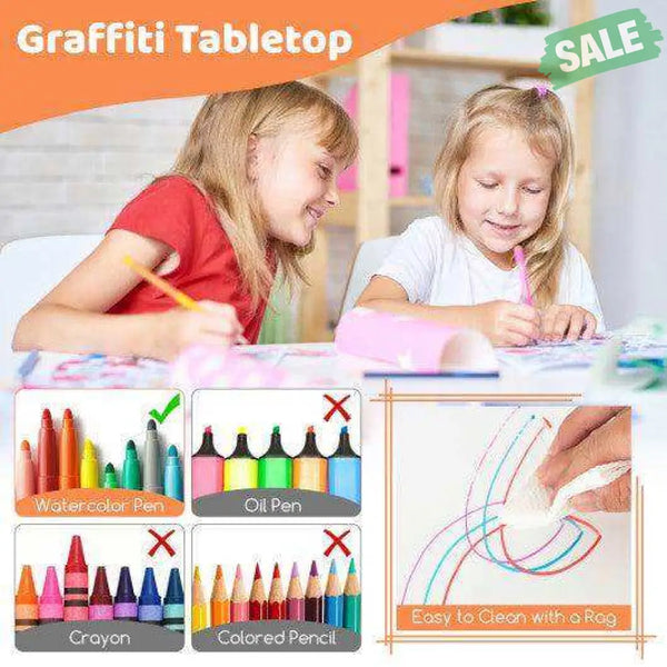 Kids Table and Chairs Set for 4 with Graffiti Desktop-Natural