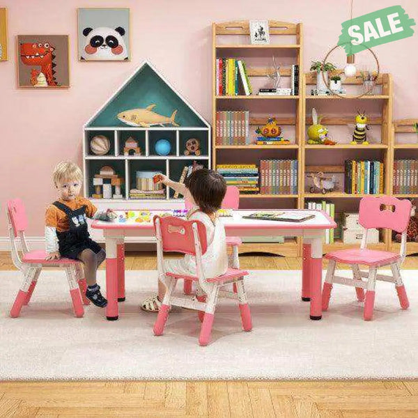 Kids Table and Chairs Set for 4 with Graffiti Desktop-Pink