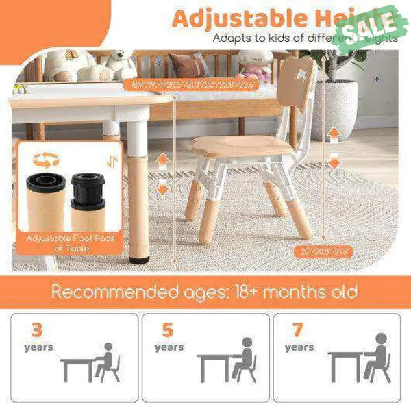 Kids Table and Chairs Set for 4 with Graffiti Desktop-Natural