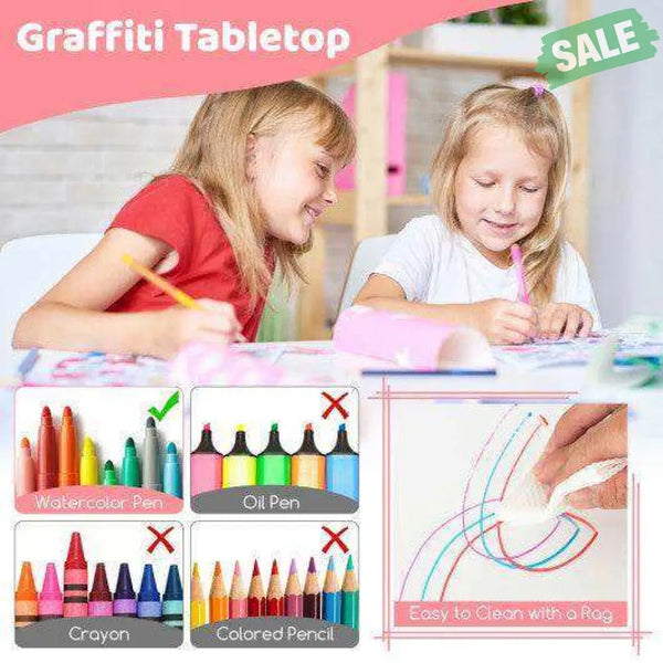 Kids Table and Chairs Set for 4 with Graffiti Desktop-Pink