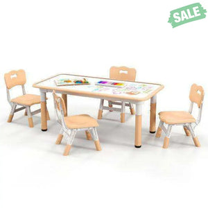 Kids Table and Chairs Set for 4 with Graffiti Desktop-Natural