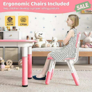 Kids Table and Chairs Set for 4 with Graffiti Desktop-Pink