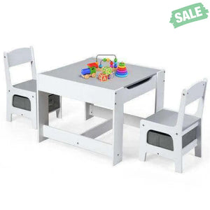 Kids Table Chairs Set With Storage Boxes Blackboard Whiteboard Drawing-Natural Natural Kids Table & Chair Sets