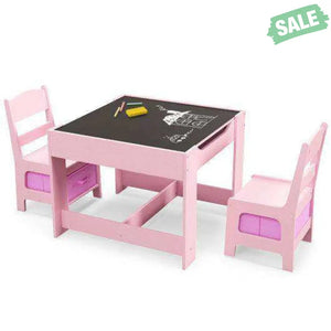 Kids Table Chairs Set With Storage Boxes Blackboard Whiteboard Drawing-Natural Natural Kids Table & Chair Sets